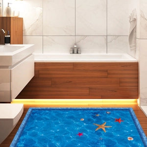 3D ocean themed floor sticker with starfish and shells on blue water ripple background