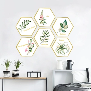 Modern Nordic hexagonal PVC wall stickers featuring watercolor botanical and succulent art