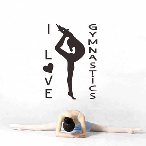 Black gymnast silhouette wall sticker with I Love Gymnastics text for yoga studio decor