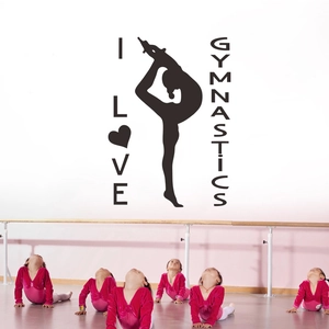 Black gymnast silhouette wall decal with I Love Gymnastics text for gym decor