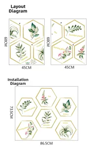 Size guide for Nordic botanical PVC wall decals showing layout and final setup dimensions