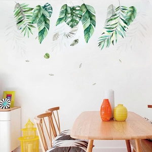 Nordic tropical green leaf wall stickers with watercolor monstera and banana leaf design