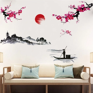Sticker Mural en PVC Amovible Style Encre de Chine Fleur de Prunier Montagne Rivière Soleil pour Décoration de Salon