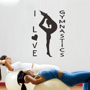 Gymnastics silhouette wall decal with I LOVE GYMNASTICS text for fitness room decor