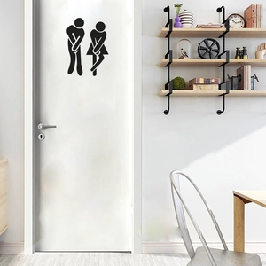 Funny stickman toilet door sticker featuring humorous male and female silhouettes in black