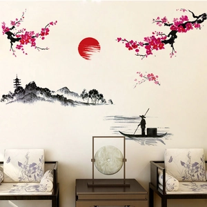 Stickers muraux style lavis chinois prunier rouge et soleil pour décor de salon