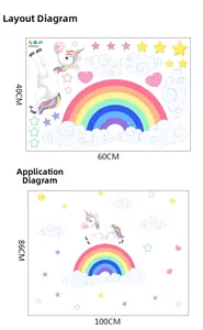 Rainbow unicorn wall stickers layout 40x60cm and display dimensions of 86x100cm