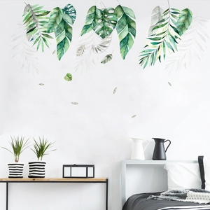 Nordic tropical green leaf wall stickers with Monstera and palm leaf watercolor designs