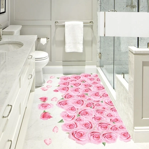 3D-Bodenaufkleber mit romantischen rosa Rosen für die Badezimmerdekoration