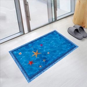 Rectangle ocean floor mat with starfish and seashells on dark blue water pattern