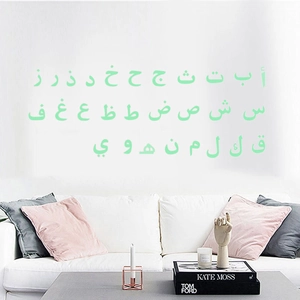 Detailed view of mint green Arabic alphabet wall stickers in a modern home interior