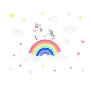 Detail of cartoon unicorn with colorful rainbow and stars for kids nursery wall stickers