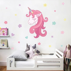 Cartoon rainbow unicorn wall stickers for nursery decor with stars and hearts set