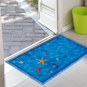 Macro detail of nautical door mat with colorful starfish and shell ocean print