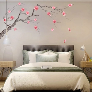 Chinese Style Pink Plum Blossom Branch Wall Sticker PVC Floral Decal For Living Room Bedroom Background Wall Decoration
