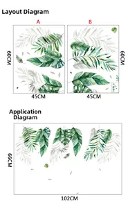 Detailed dimension guide for tropical monstera leaf wall stickers with layout and finished sizes