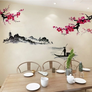 Sticker mural style lavis chinois avec fleurs de prunier rouges et paysages de montagne