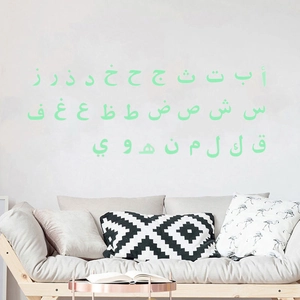 Detail showing mint green Arabic alphabet wall stickers on a clean white wall surface