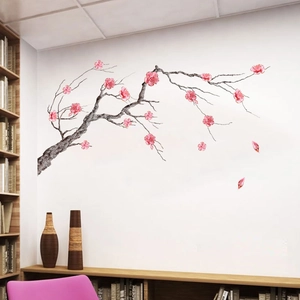 Chinese style plum blossom wall sticker with black branches and pink flower petals