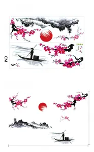 Sticker mural style encre chinoise avec fleurs de prunier et montagnes, décor PVC étanche