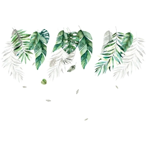 Macro detail of watercolor monstera and palm leaves wall decals for tropical home decor