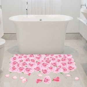 3D Romantische rosa Rosen Bodenaufkleber für Bad, wasserfeste PVC Blumen Wandtattoo
