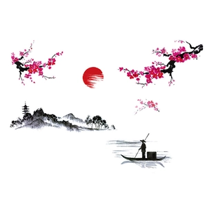 Détail du sticker mural en PVC avec fleurs de prunier, soleil rouge et paysage