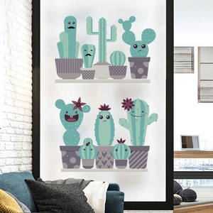Nordic Cartoon Cactus Potted Wall Stickers PVC Self Adhesive Cute Expressions Plant Decals For Living Room Bedroom Decor