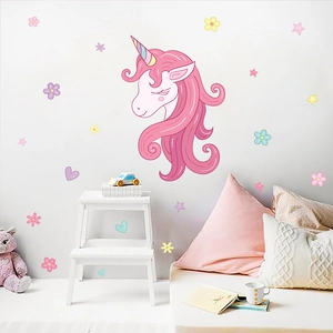 Detail of cartoon unicorn wall sticker with colorful stars for kids bedroom decoration