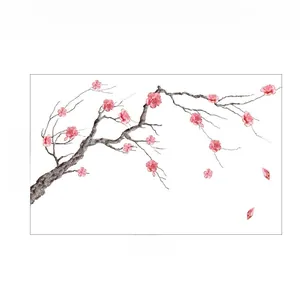 Detailed wall decal size guide showing pink plum blossom branches measuring 85x47.5cm