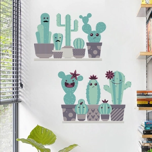 Cartoon cactus potted plant wall stickers in Nordic style for home living room decoration