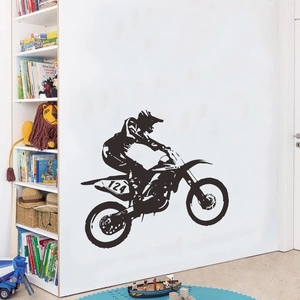 Black silhouette wall decal of an off-road motorcycle racer for boy's bedroom decor