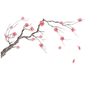 Close-up of pink plum blossoms wall sticker with golden edges and realistic branches