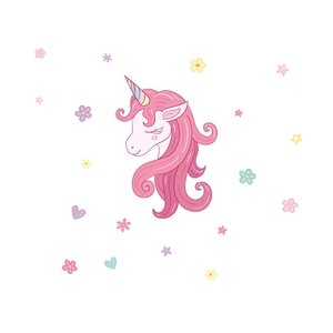 Close-up of a cartoon unicorn wall decal with pastel stars and floral patterns
