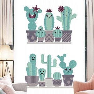 Cartoon cactus wall stickers with cute facial expressions for home glass decoration