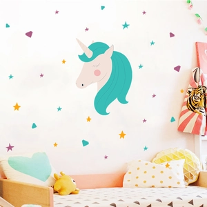 Detailed wall sticker set featuring a colorful unicorn head with scattered stars and diamonds