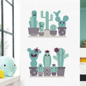Cartoon cactus wall stickers set featuring cute expressions for nursery decor