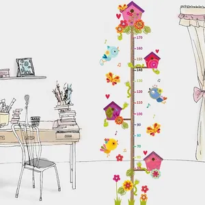 Cartoon Baumzweige mit Vogelkäfig Höhenmessleiste Wandtattoo für Kinderzimmerdekoration