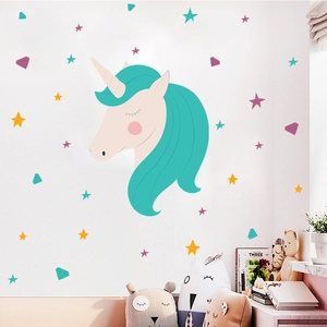 Cartoon unicorn wall stickers with stars for nursery wall decoration in dreamlike colors