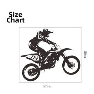 Detailed dimension map of 57x50cm motorcycle racer silhouette wall decal for boys' room