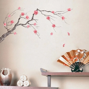 Chinese style plum blossom wall sticker with pink flowers on a branch for home decor