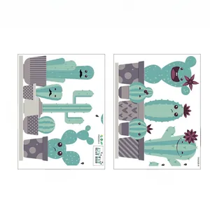 Detail layout of cartoon cactus wall stickers set showing 45x60cm dimensions and potting designs
