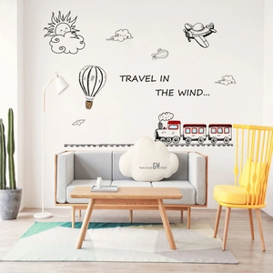 Minimalist cartoon train wall decal set with red cars and hot air balloons for kids' rooms
