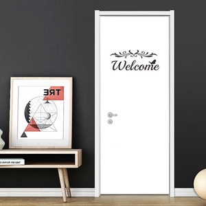 Elegant black Welcome wall decal with ornate floral scroll and butterfly for home doors