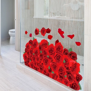Realistic red rose wall stickers applied on glass shower door for bathroom decor