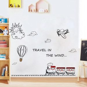 Cartoon train wall decals for kids room with clouds and hot air balloon stickers