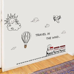 Cartoon train wall stickers with clouds and airplane for kids' room wall decor