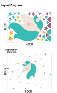 Rainbow unicorn wall decal layout and size specifications for nursery wall decor