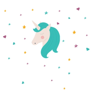 Detail of cartoon unicorn wall sticker with mint green hair and colorful stars
