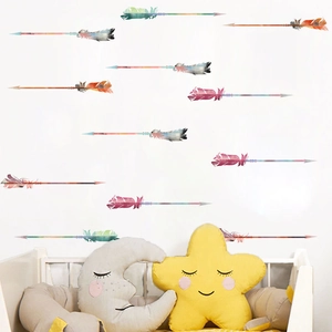 Colorful watercolor arrow wall decals for nursery background with soft feather patterns